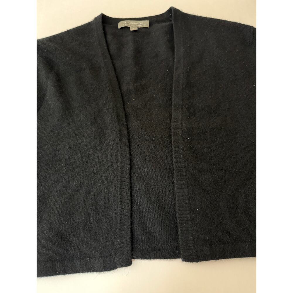 Neiman Marcus 100% Cashmere 3/4 Sleeve Open Cardigan Black Cropped Sweater Med - Picture 6 of 13